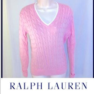 Ralph Lauren  cable knit sweater v neck pink ribbed size small